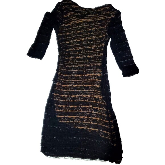 Studio M Black Lace Bodycon Dress – Nude Lining, Asymmetrical Scoop Neck, Size L - Picture 3 of 13